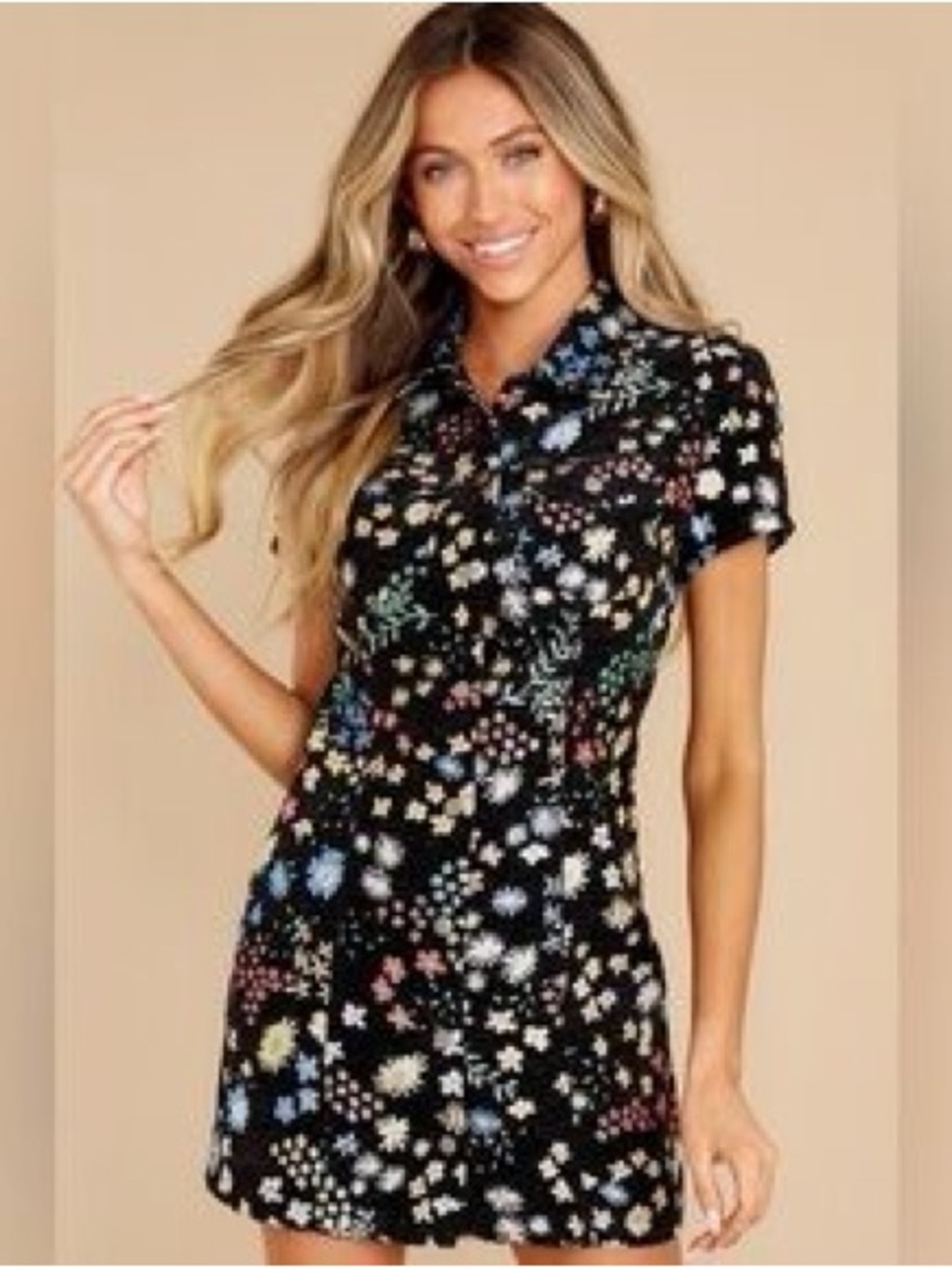 Storia Black Floral Collared Mini Dress